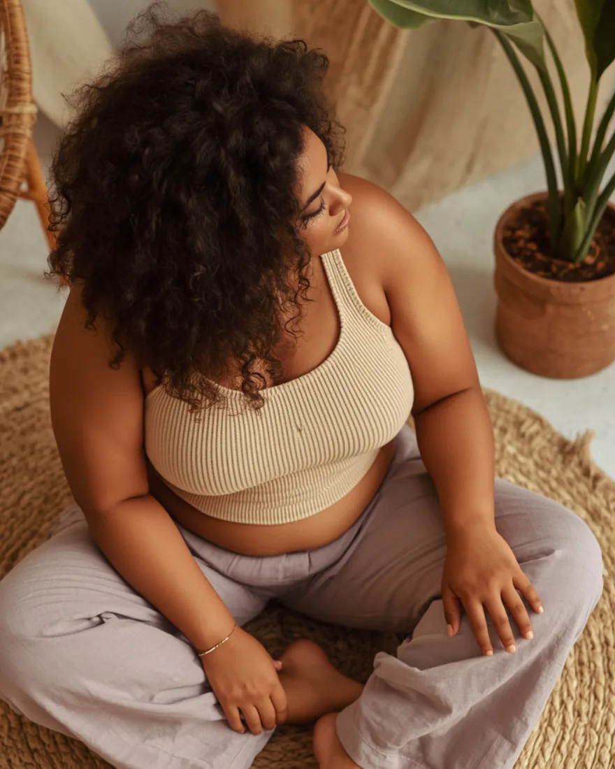 A woman seated cross-legged on a woven rug in lavender linen pants, looking softly to the side