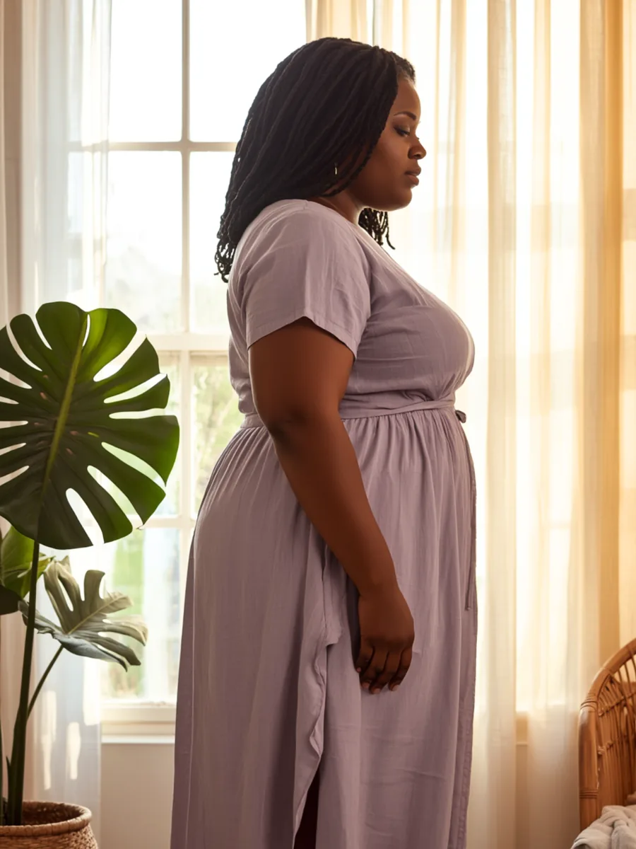A woman in a lavender linen dress standing in profile by a sunlit window beside a monstera plant