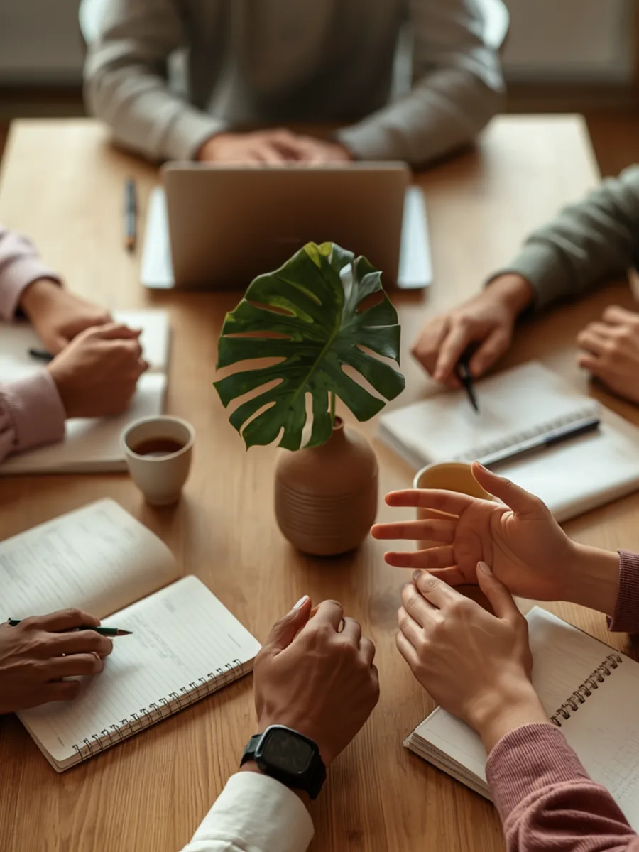 Hands of several people around a wooden table with notebooks, tea, and a monstera leaf