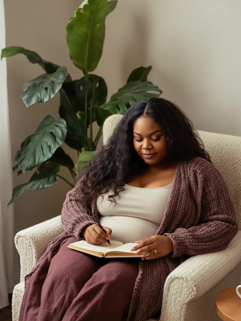 A woman in a mauve knit cardigan writing in a journal in a cream boucle armchair