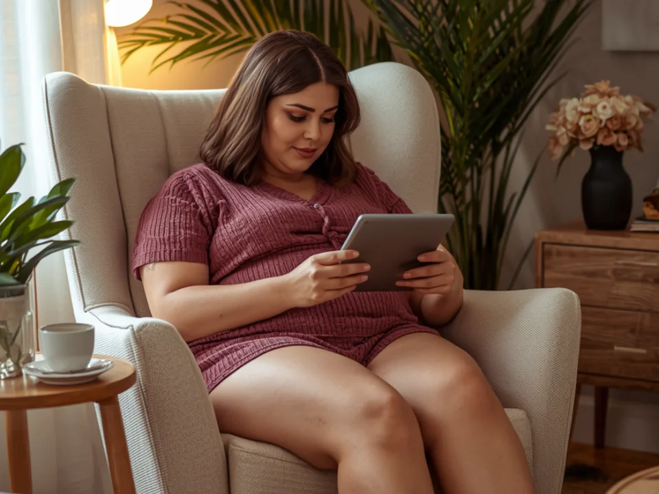 A woman reading on a tablet in a cozy armchair beside a palm, with a cup of tea nearby