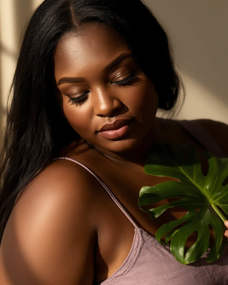 A woman with eyes lowered holding a monstera leaf against her shoulder, in soft mauve linen