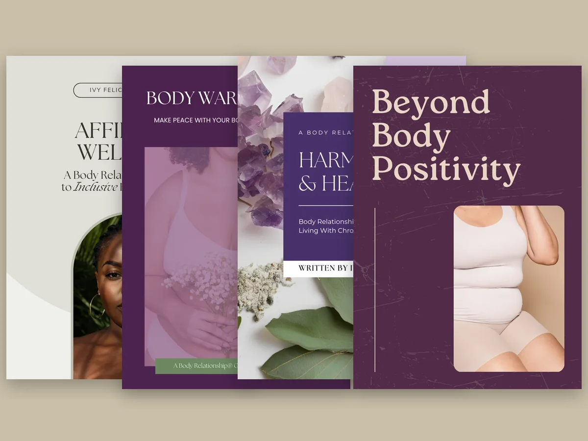 Covers of the four Method Guides: Affirming Wellness, Body War, No More, Harmony and Healing, and Beyond Body Positivity